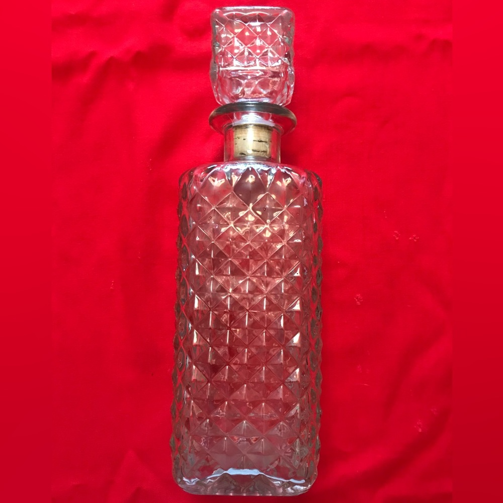 Vintage 1960's Cut Glass Liquor Decanter w/ Cork Stopper - Mid Century Barware